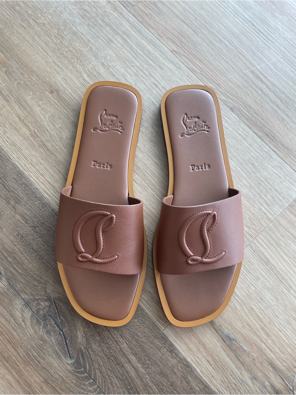 Christian Louboutin Tan Brown Leather Slide Sandals size 38.5